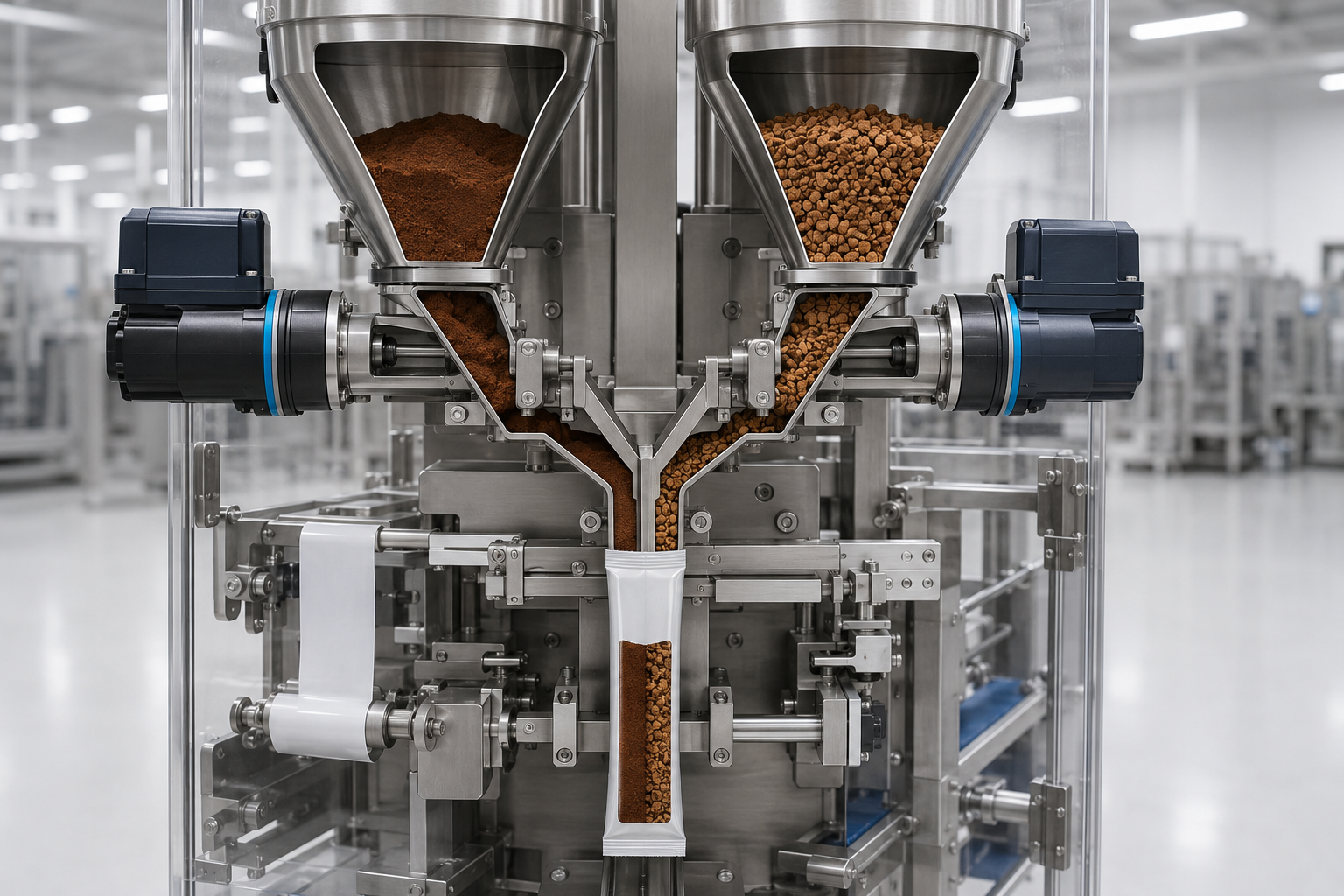 Dual micro-dosing of ground and freeze-dried coffee into one stick pack