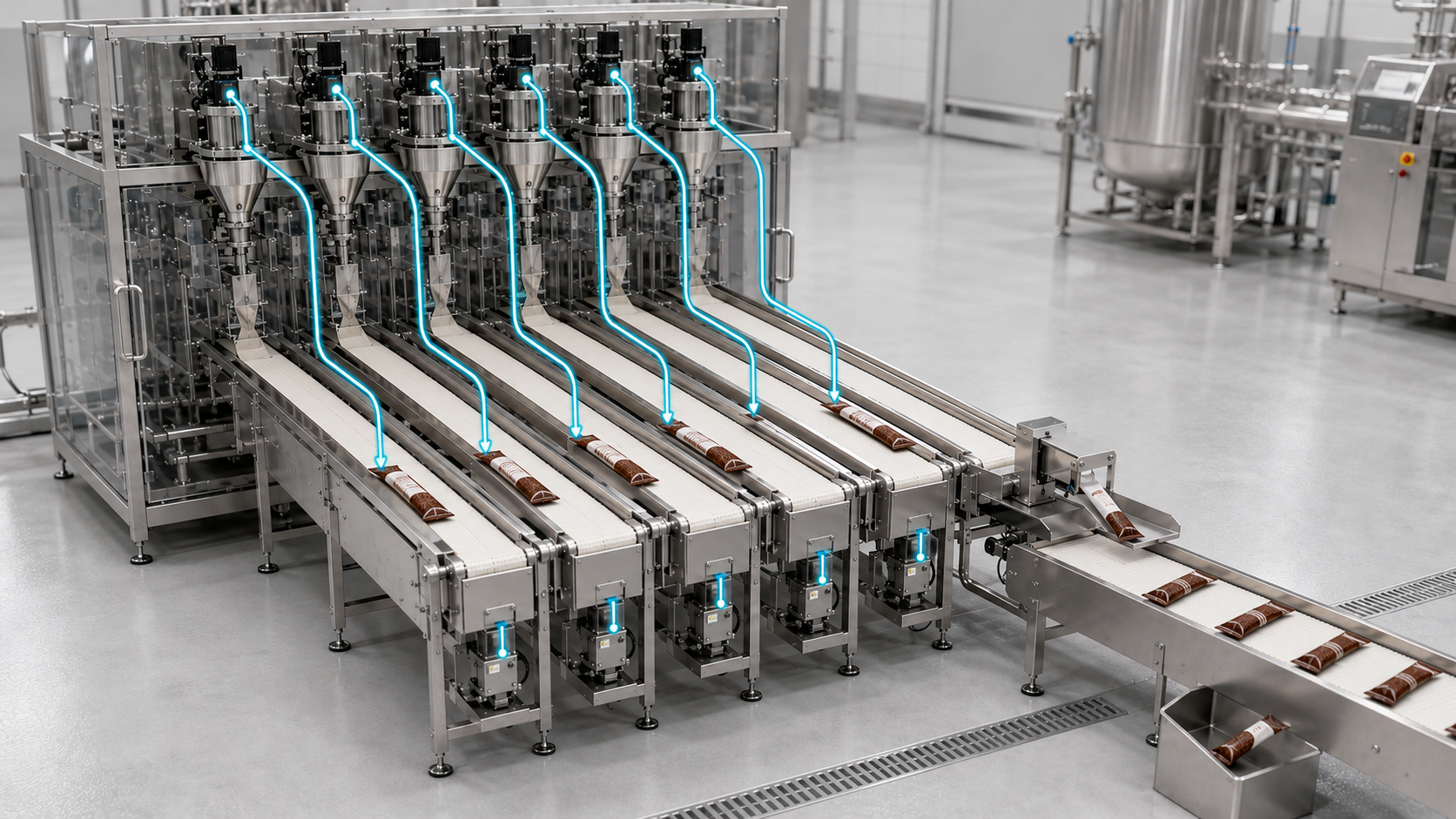 Lane-by-lane checkweighing feeds corrections to each dosing servo and rejects nonconforming sticks